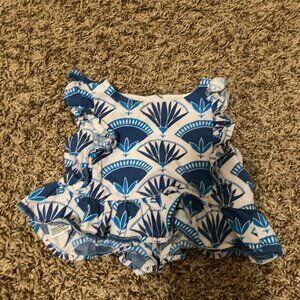 Tea Collection Fan Print Blouse 9-12 Months Blue and Pink Button Back Cotton